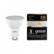 Лампа Gauss MR16 5W 500lm 3000K GU10 диммируемая LED 1/10/100